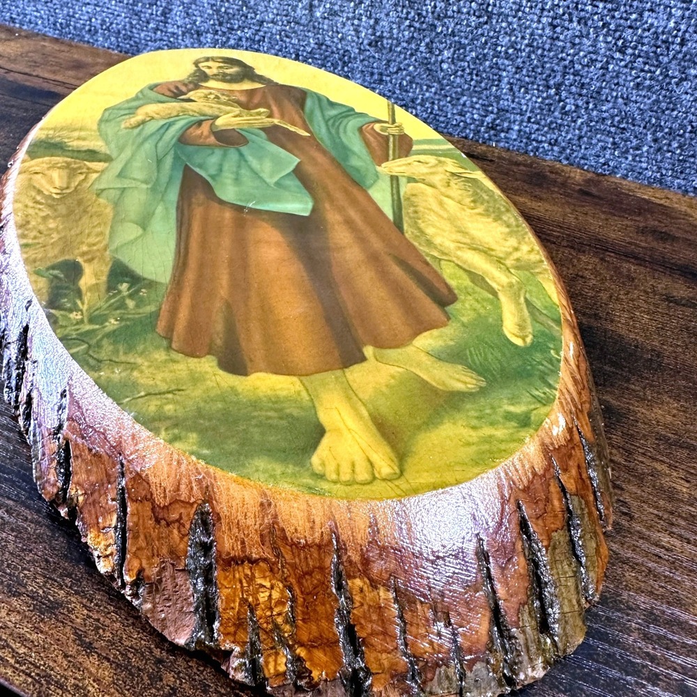 Vintage 1960's Jesus the Good Shepherd on Wood Bark 17" X 9" Wall Hanging Rustic
